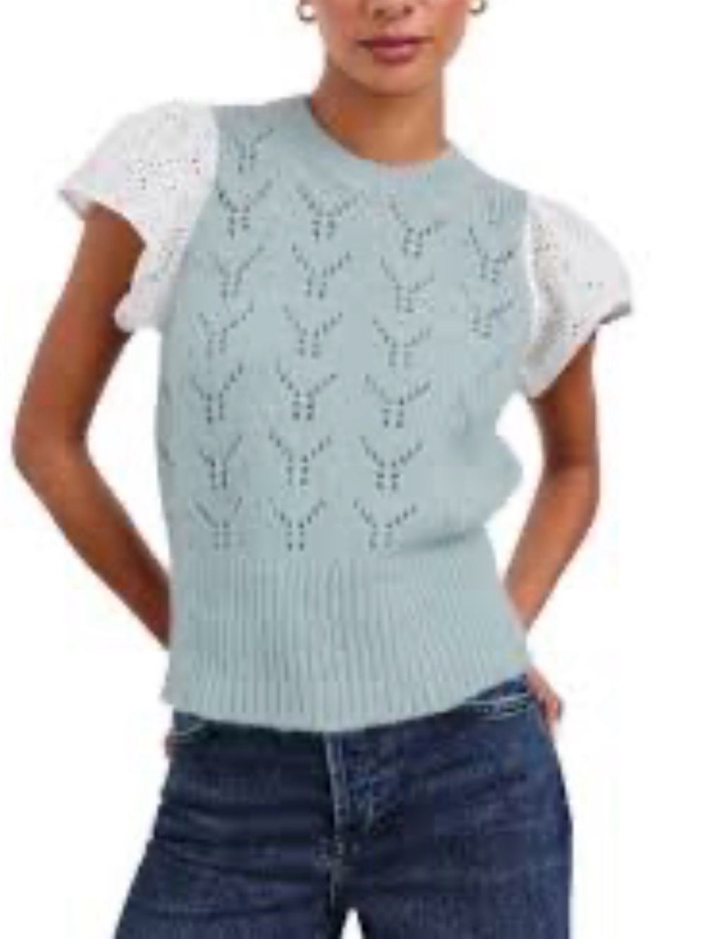 Rails Light Blue Knit Sweater with White Flutter Puff Sleeves